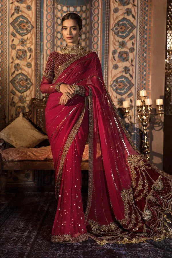 Maria.B Luxury Hand Work Saree Collection DRAPE MAROON Fx-850 Fully Stone And Mukesh Work