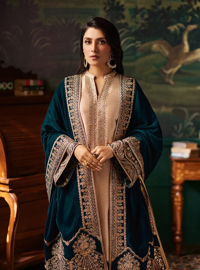 Zainab Chottani Skin Formal Brocade Tissue With 9000 MICRO VELVET SHAWL 3 PC - 09866