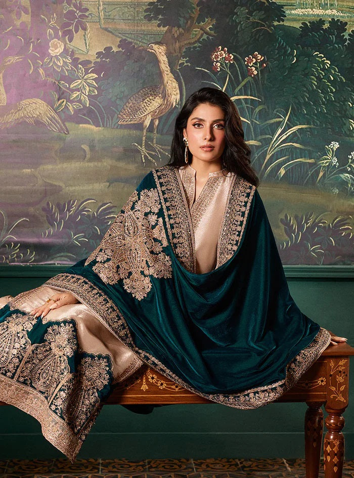 Zainab Chottani Skin Formal Brocade Tissue With 9000 MICRO VELVET SHAWL 3 PC - 09866