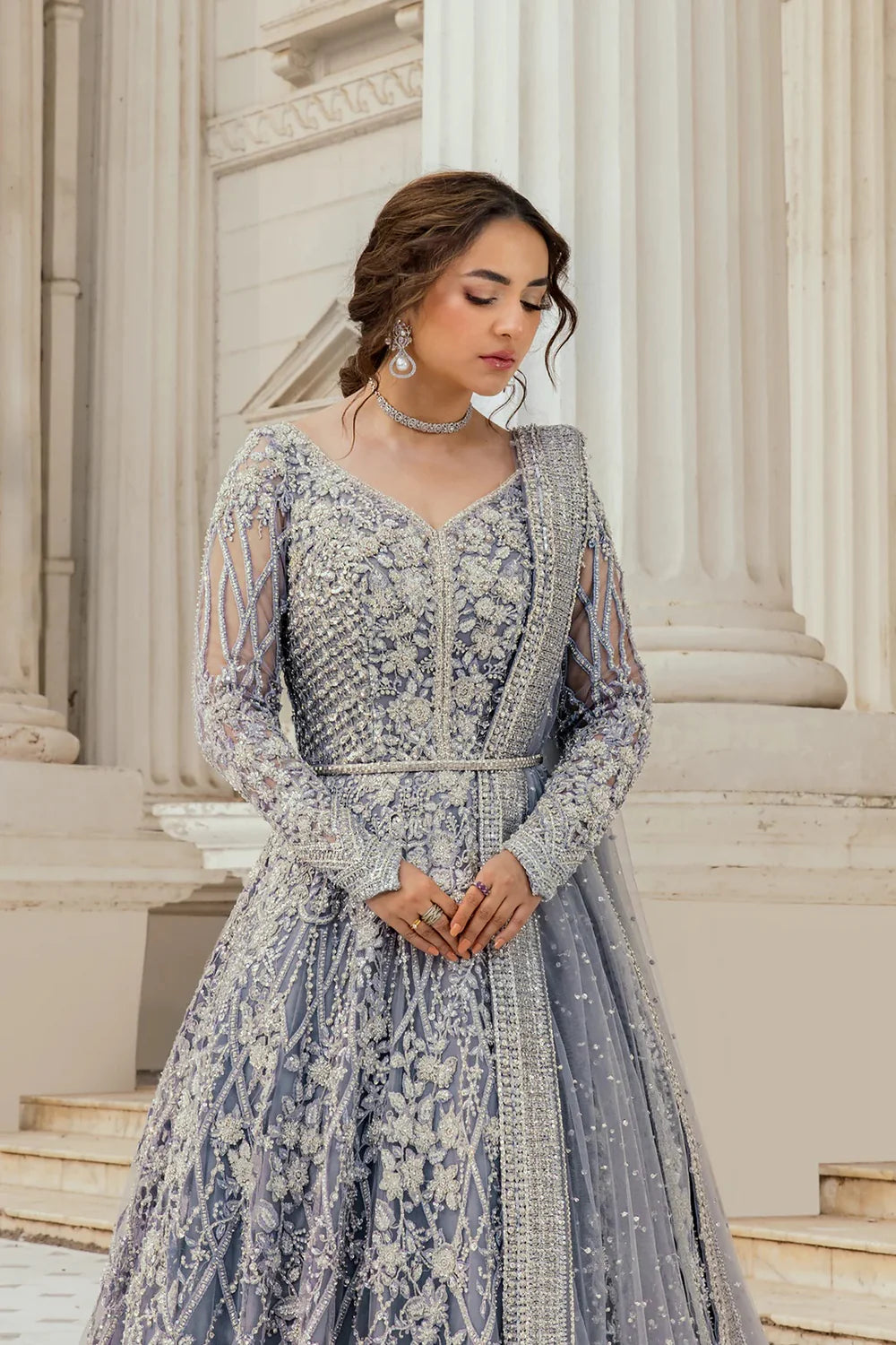 Erum Khan Wedding Festive Net Embroidered Ice Blue Bridal Maxi Unstitche EK-1357