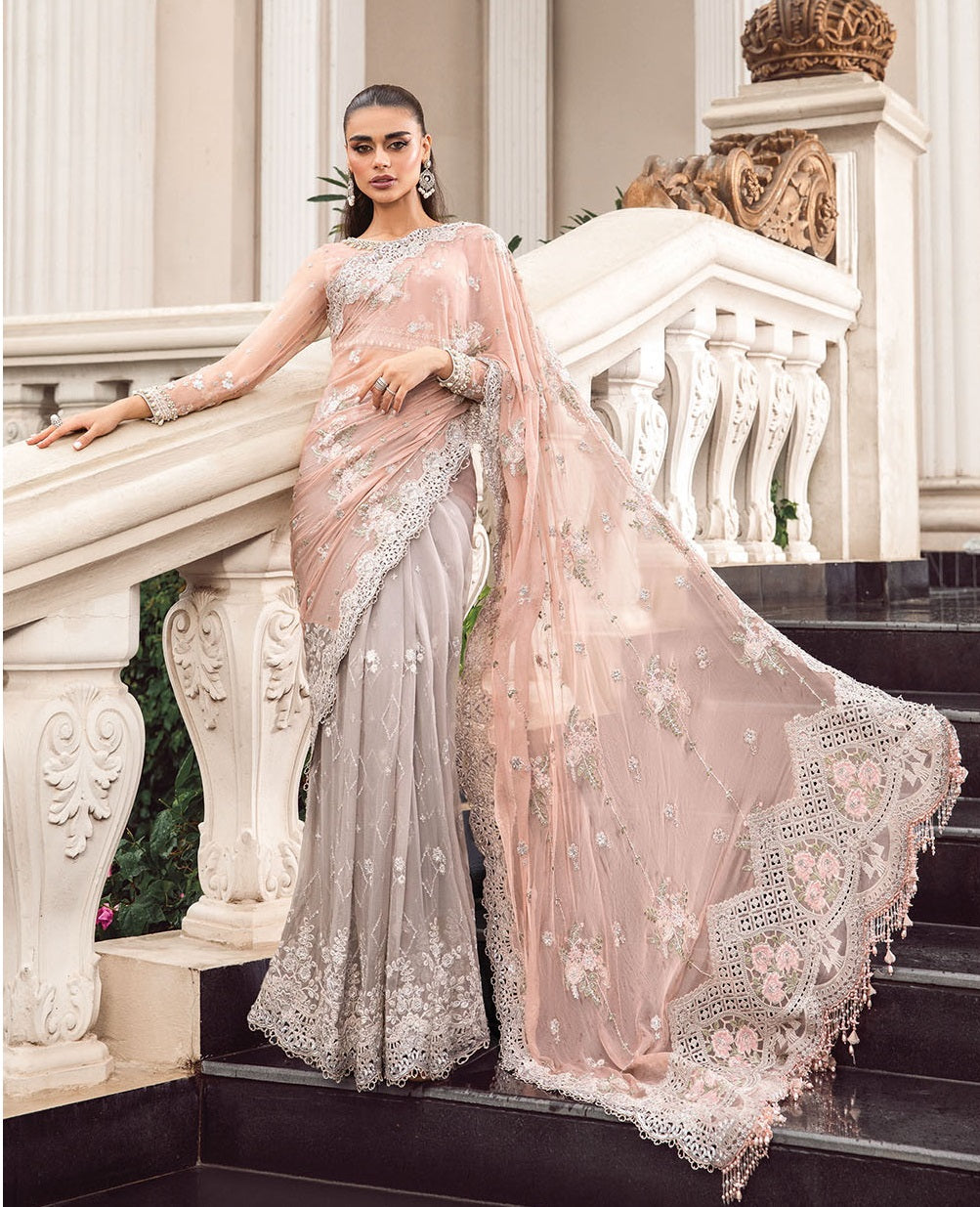 Maria.B Embroidered Chiffon Unstitched Saree MB23SC D5 - Luxury Collection Peach And Grey