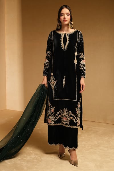 Pehnawa Black Formals Velvet Embroidered Collection IVY - KHAKAA