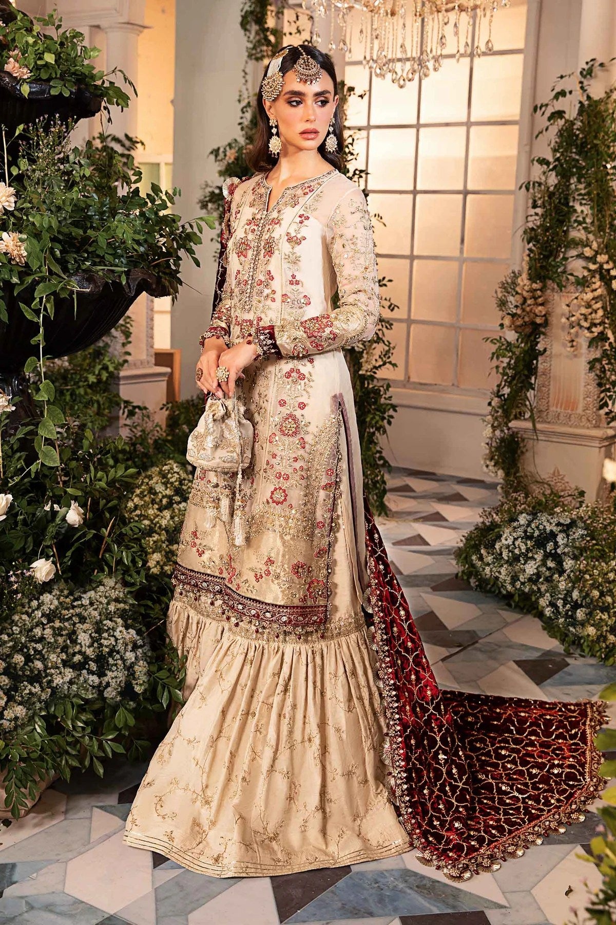 Maria.B Mbroidered 3 Piece Unstitched Embroidered Organza Suit With Velvet Embroidered Shawl BD-2905