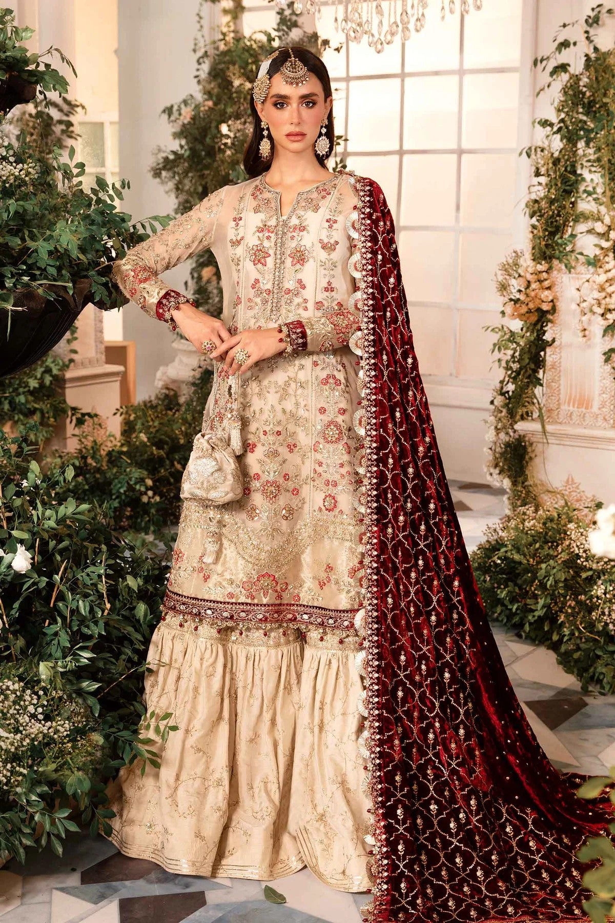 Maria.B Mbroidered 3 Piece Unstitched Embroidered Organza Suit With Velvet Embroidered Shawl BD-2905