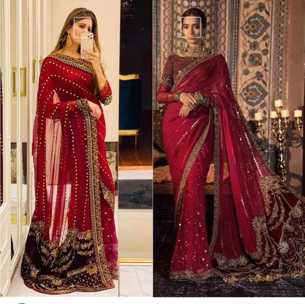 Maria.B Luxury Hand Work Saree Collection DRAPE MAROON Fx-850 Fully Stone And Mukesh Work