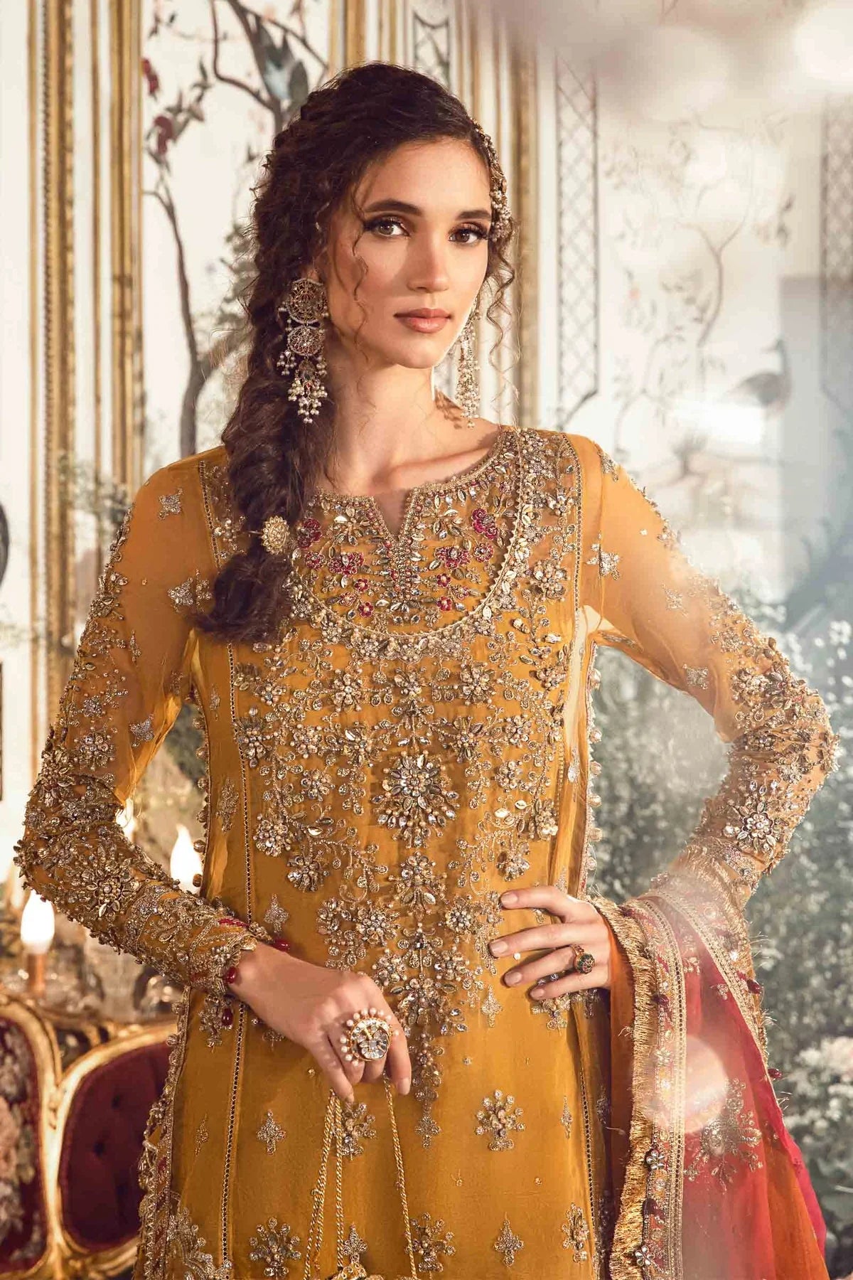 Maria.B Mbroidered Wedding Unstitched Edition Mustard BD-2707 Hand Work