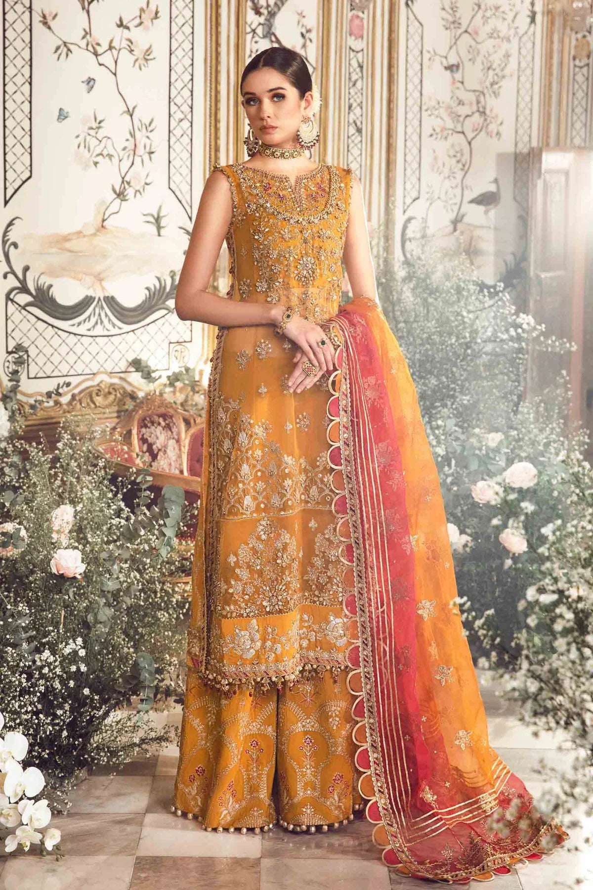 Maria.B Mbroidered Wedding Unstitched Edition Mustard BD-2707 Hand Work