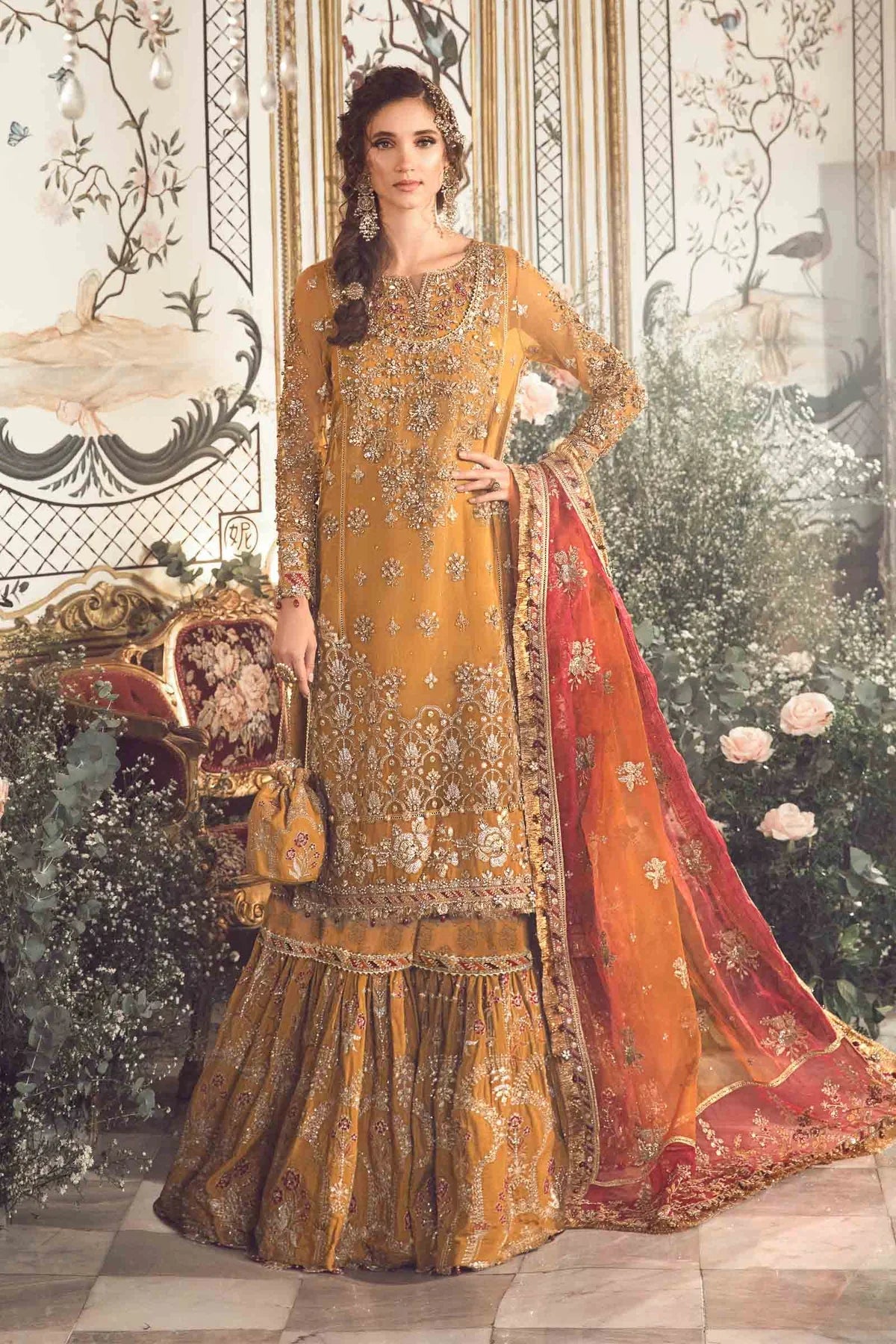 Maria.B Mbroidered Wedding Unstitched Edition Mustard BD-2707 Hand Work