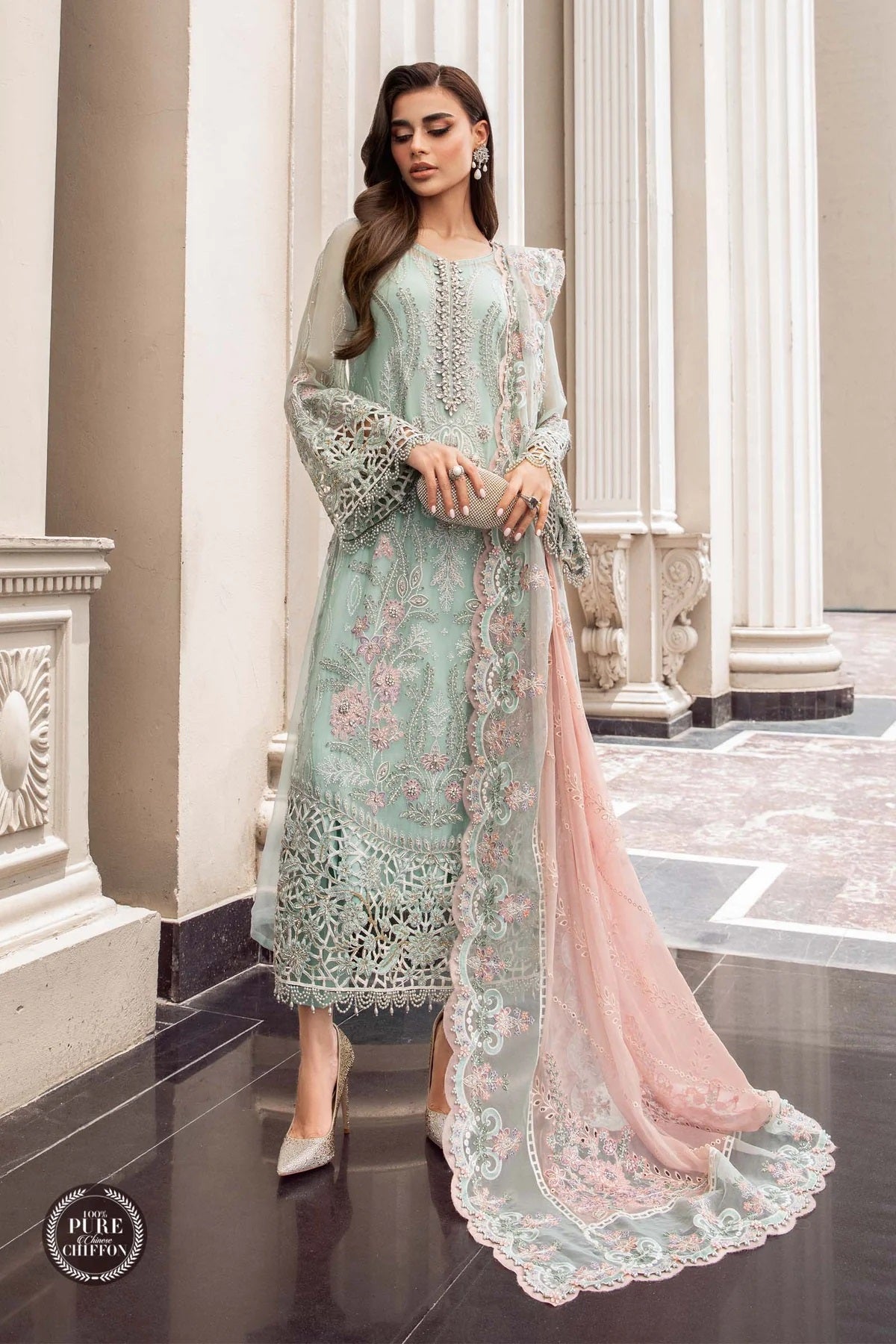 Maria.B Unstitched Chiffon Embroidered Suit MPC-23-104 Mint Green