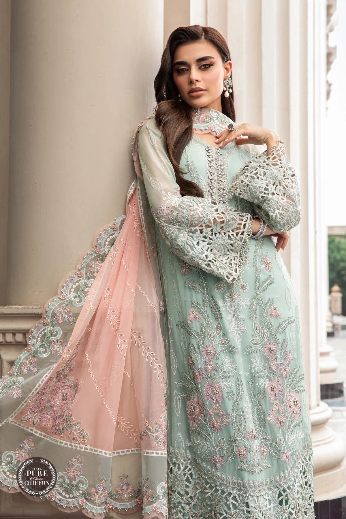 Maria.B Unstitched Chiffon Embroidered Suit MPC-23-104 Mint Green