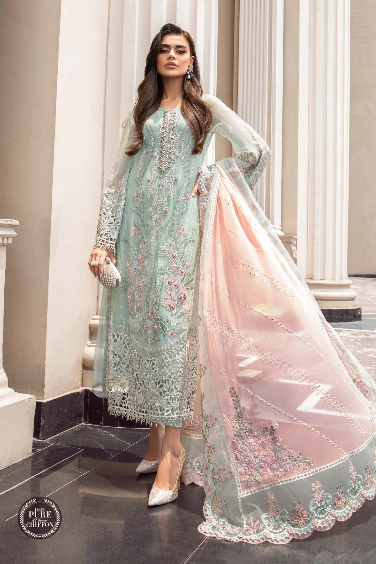 Maria.B Unstitched Chiffon Embroidered Suit MPC-23-104 Mint Green