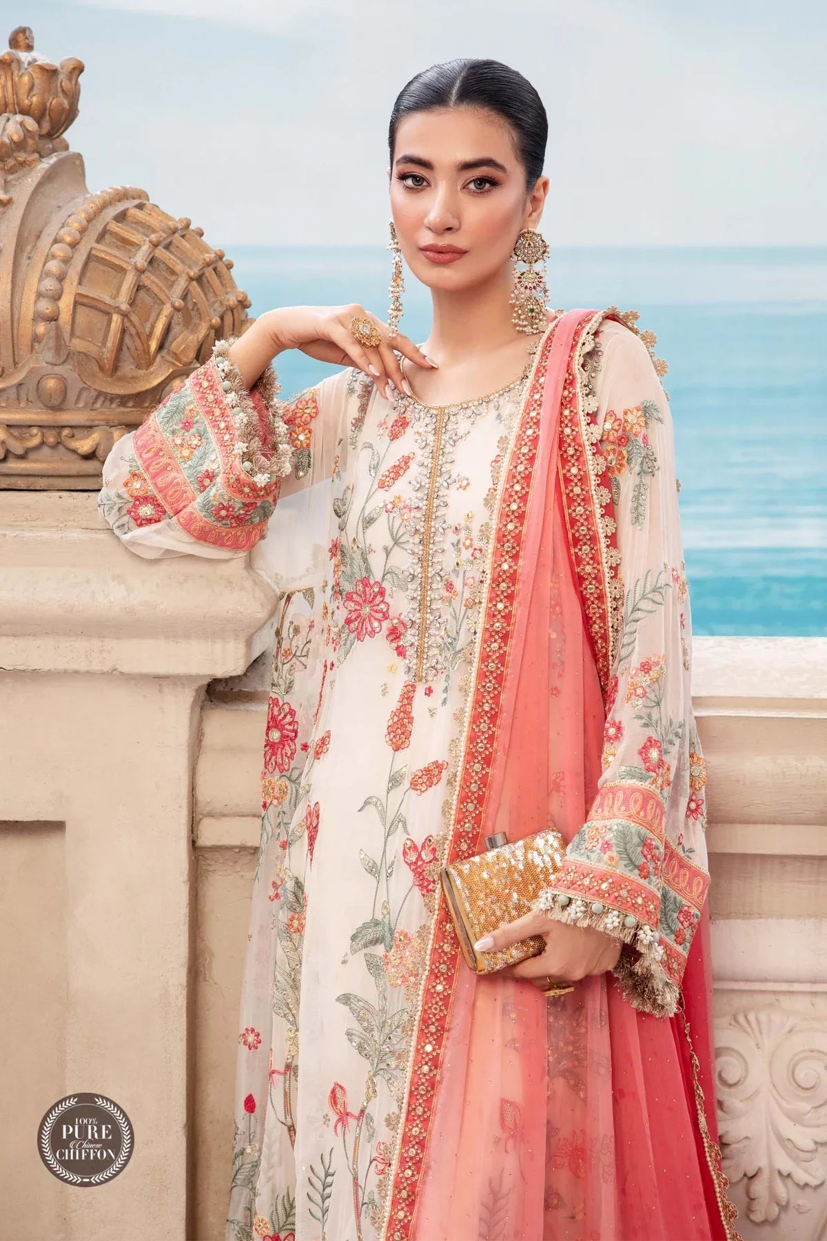 Maria.B Embroidered Chiffon Suits Unstitched 3 Piece D6 - Floral Luxury Collection