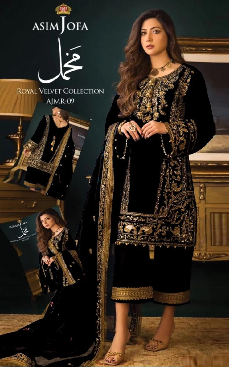 Asim Jofa Velvet Collection AJAM 09 Unstitched 3 Pieces Black