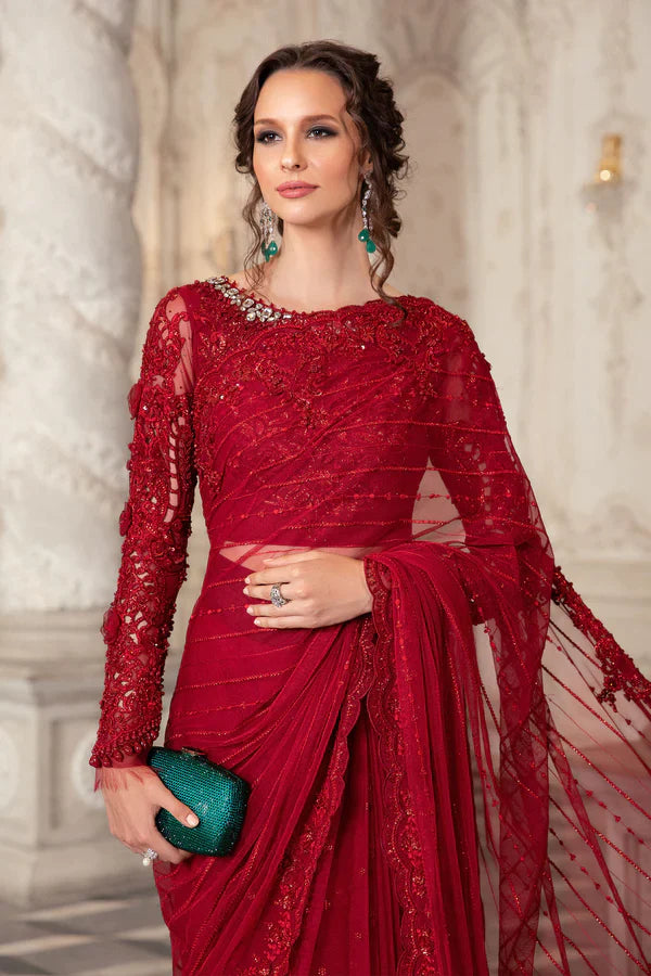 Maria.B Couture Velntine Red Wedding Festive Saree Unstitched Net MC-051