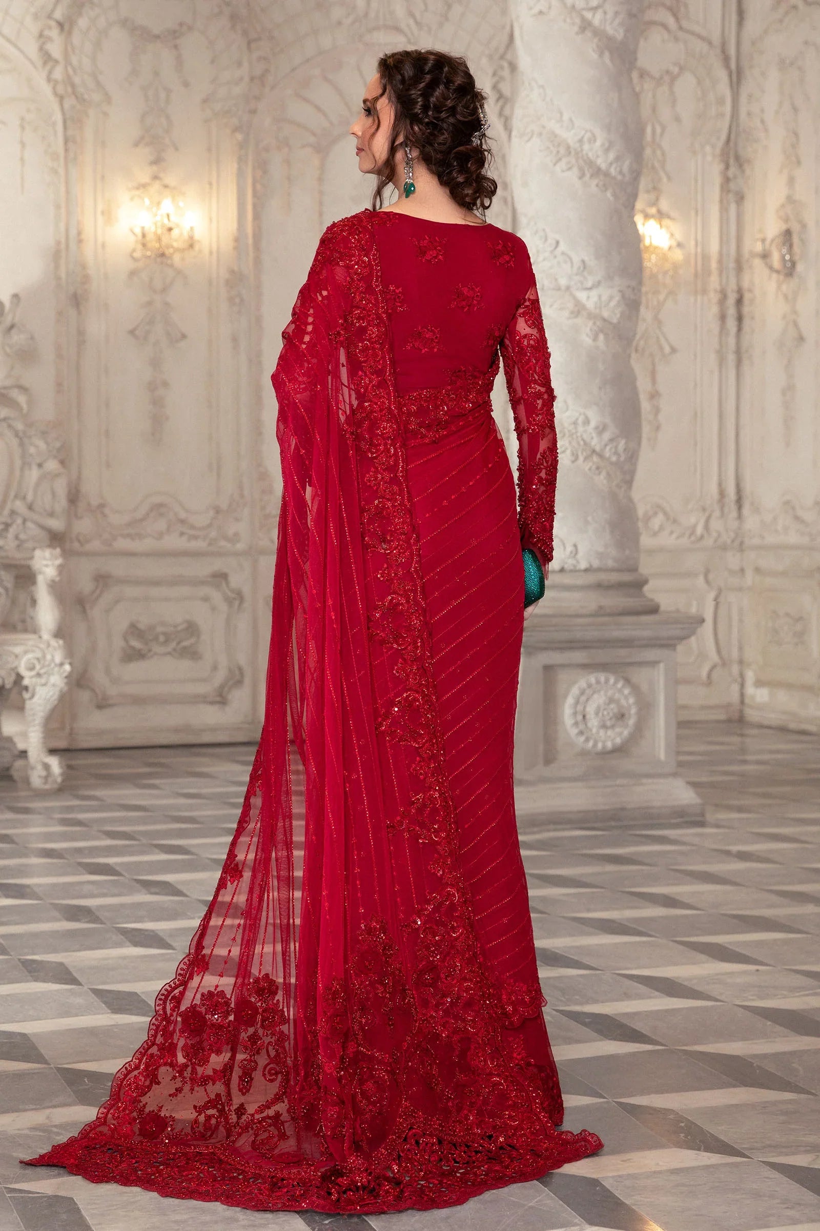 Maria.B Couture Velntine Red Wedding Festive Saree Unstitched Net MC-051