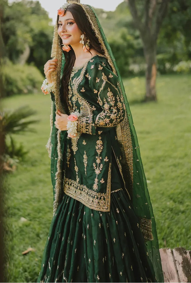 Maha Wajahat Bridal Gharara Fully Emroidered Chiffon Emerald Green MW-18