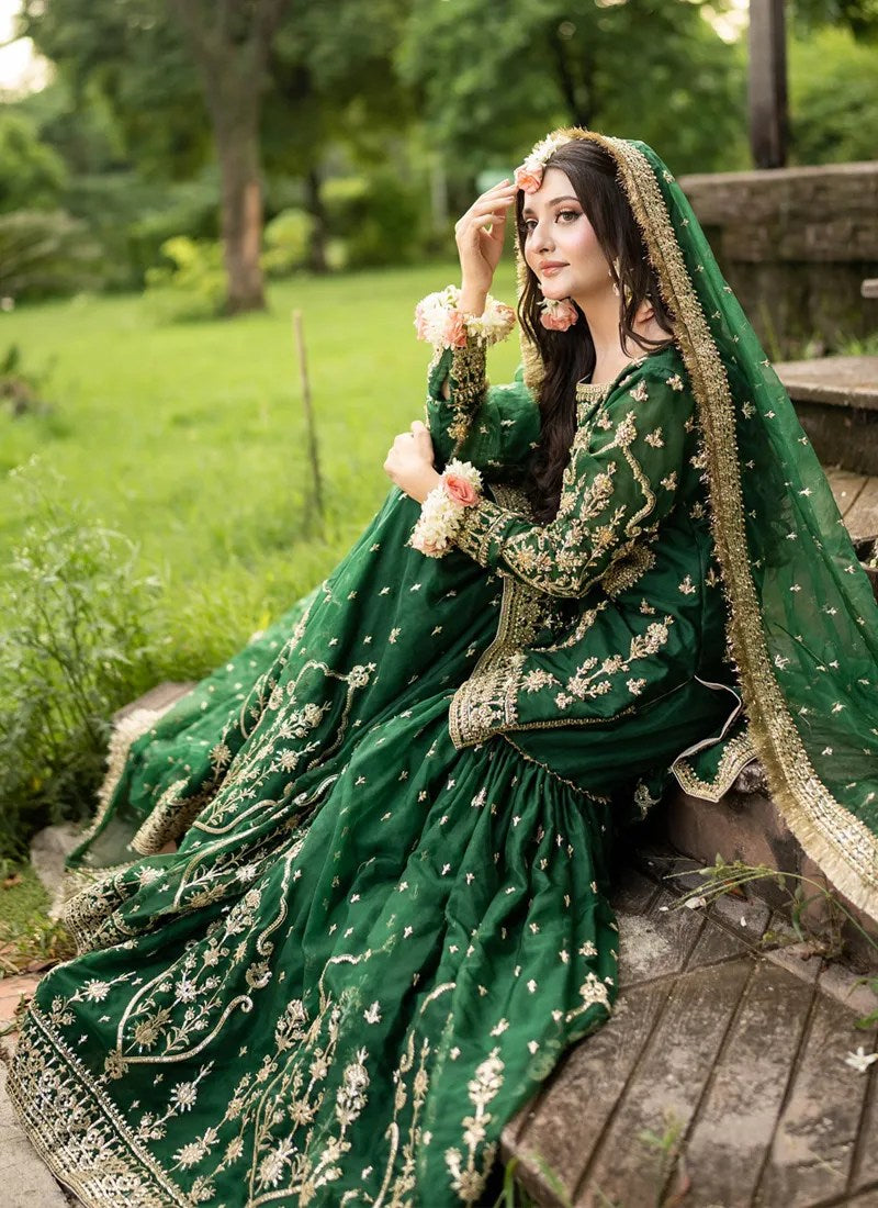 Maha Wajahat Bridal Gharara Fully Emroidered Chiffon Emerald Green MW-18