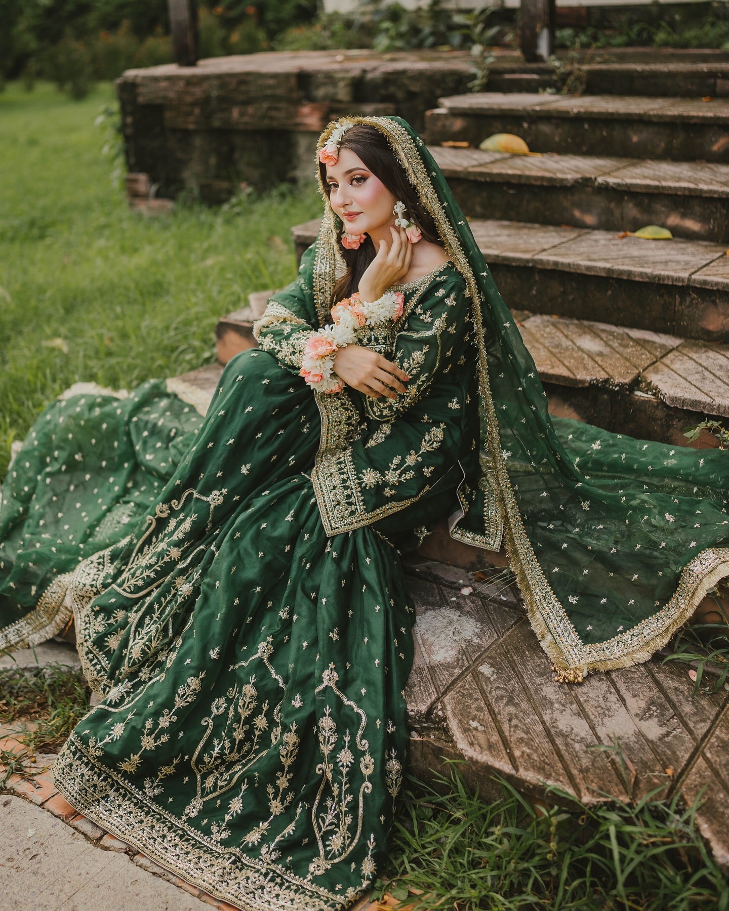 Maha Wajahat Bridal Gharara Fully Emroidered Chiffon Emerald Green MW-18