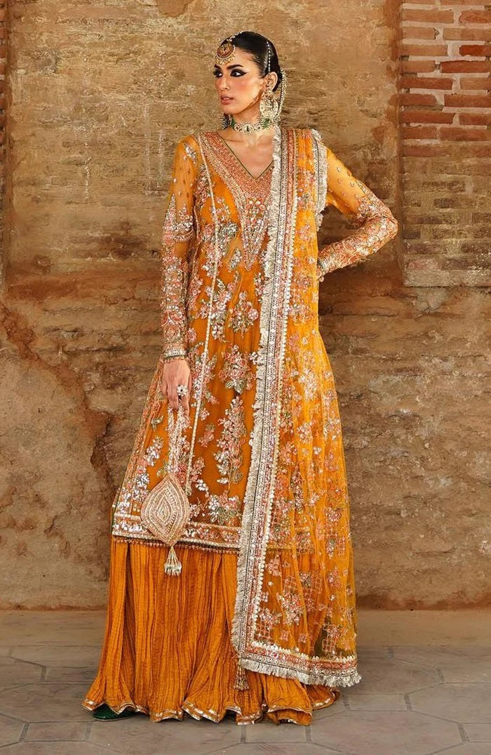 Zaib-un-Nisa by Hussain Rehar Embroidered Net Suits Unstitched 4 Piece HRR23ZN Saffron - Festive Collection